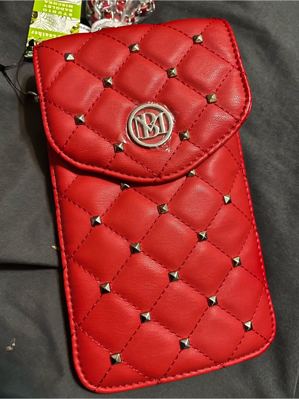 Badgley Mischka Red Quilted phone case Crossbody with Silver Studs